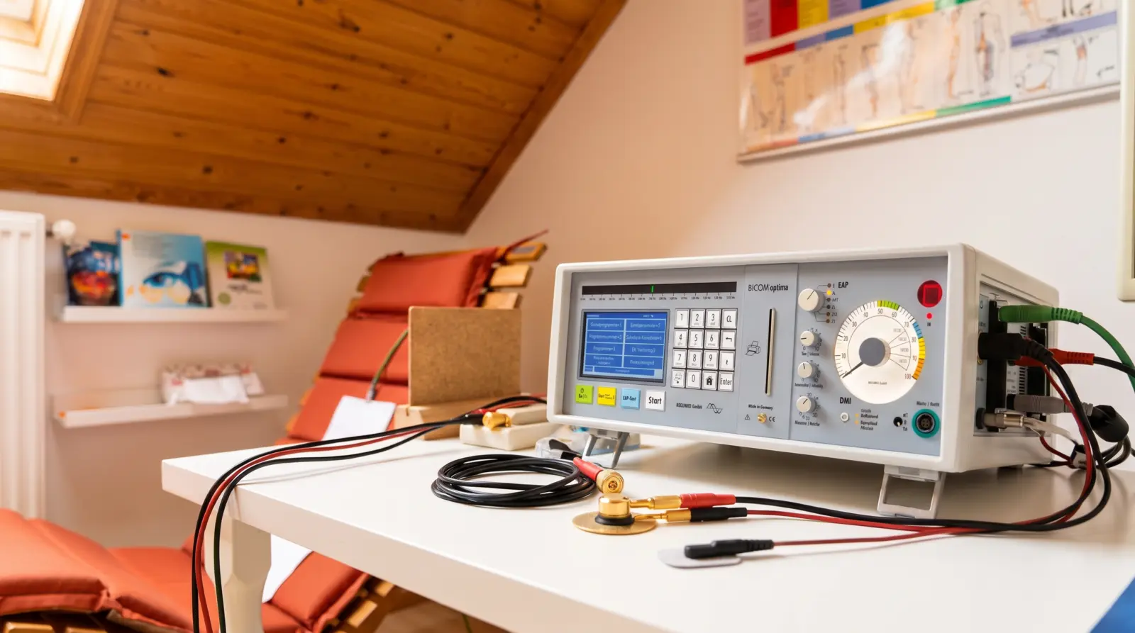 BICOM optima Bioresonanz-Gerät mit Elektroden auf dem Behandlungstisch im Praxisraum